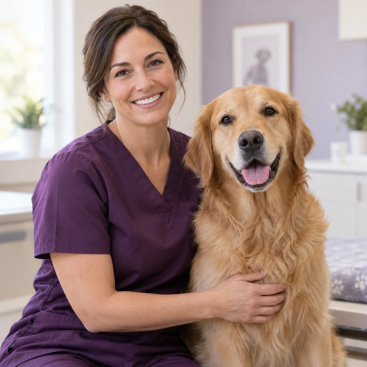 Tierärztin in violetter Kleidung mit einem Golden Retriever